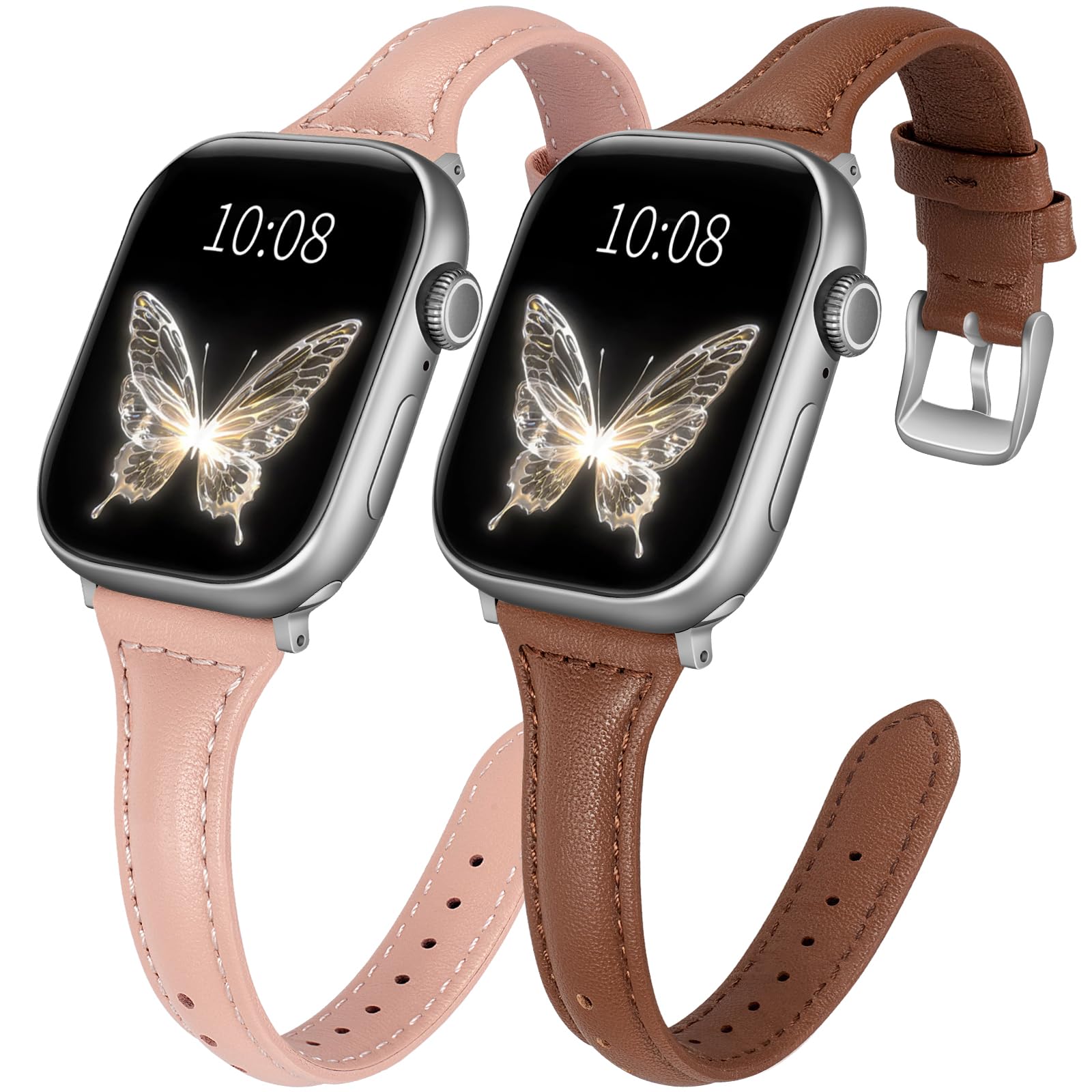 2 pack Slim Leather Bands Compatible with Apple Watch Band 38mm 40mm 41mm 42mm(Series 11/10) Women,Top Layer Genuine Leather Strap for iWatch Series 9/8/7/6 5/4/3/2/1/SE(Brown+Pink)