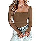 AGECODE Women's Square Neck Mesh Long Sleeve Bodysuit Shirts Ruched Body Suit Leotard Tops