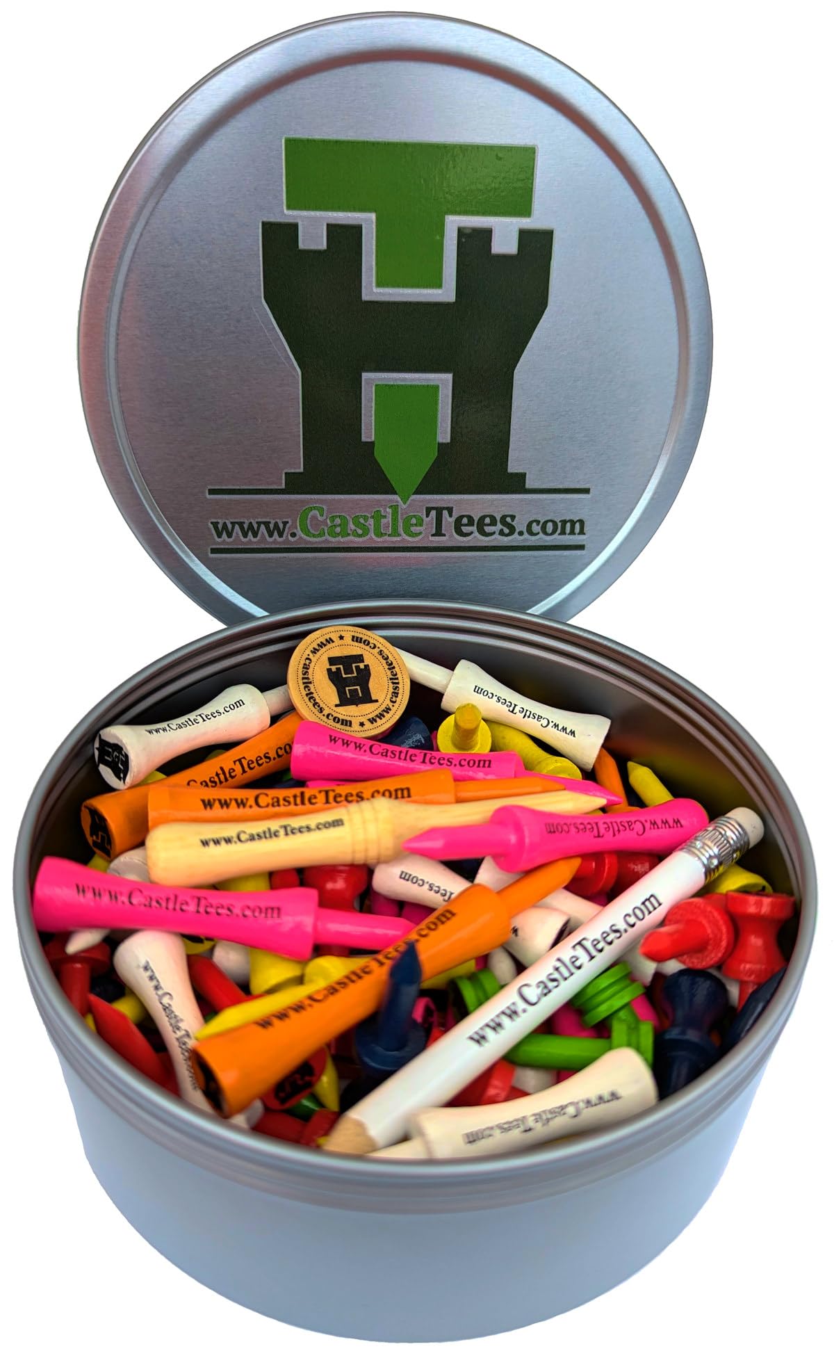 Castle Tees Original Mixed Set – 72 Tees Mixed Sizes/Colours Premium Bamboo Golf Tees in a Tin with Free Pitch Repair Tool, Ball Marker & Pencil. Twice the strength of regular bamboo Great Golf Gift