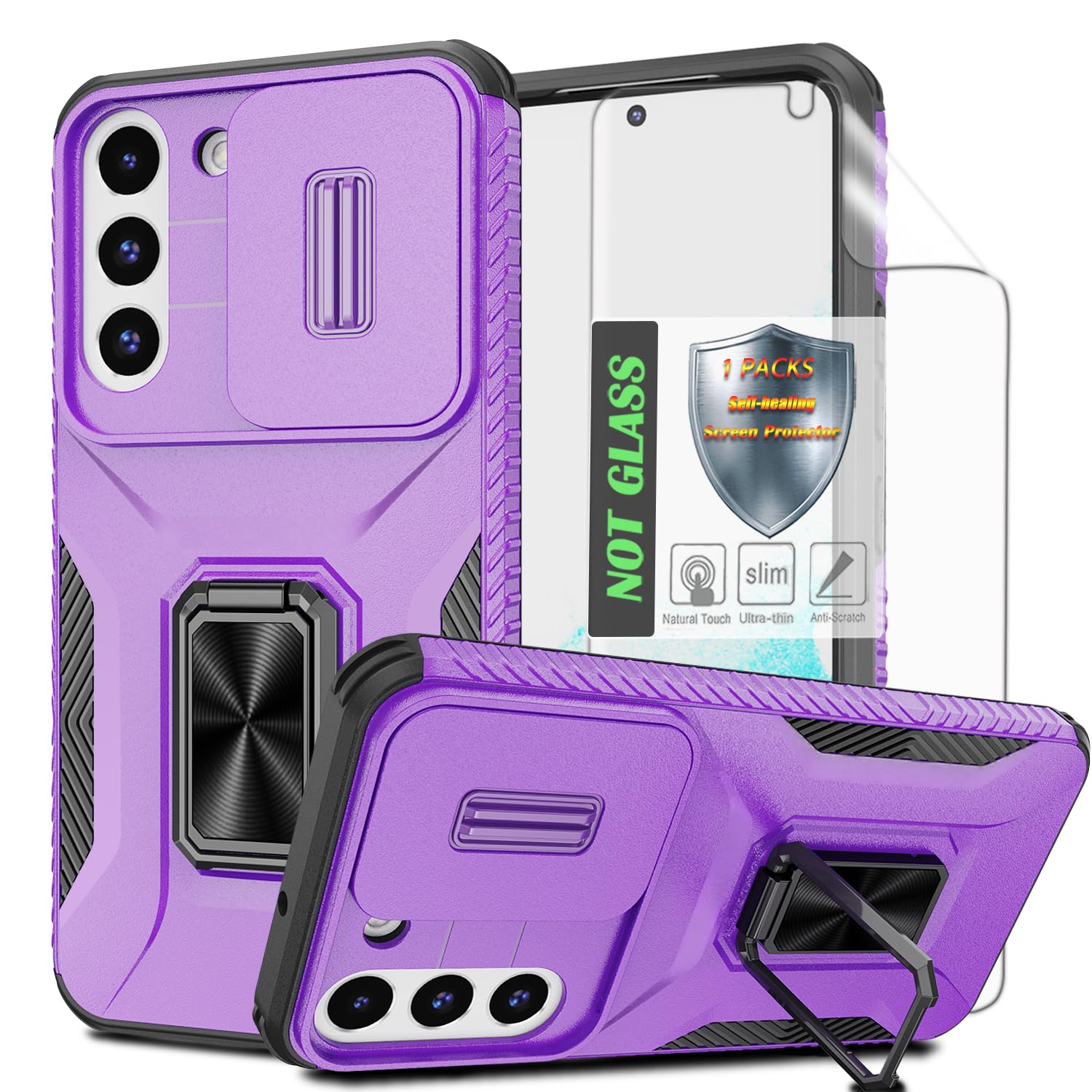 for Galaxy S22 Case with Sliding Camera Lens Cover,HD Screen Protector,360° Rotating Kickstand,AYMECL Military-Grade Shockproof Protective Cover for Samsung Galaxy S22,Purple