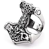 Gungneer Viking Mjolnir Thor Hammer Ring, Stainless Steel, Norse Rune Letters Protection Jewelry for Men Women