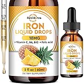 Liquid Iron Supplement for Women, Men & Kids, Liquid Iron Drops with Folate, Vitamin C, B6, B12 for Anemia, Red Blood Cell, Energy Support, Pineapple Flavor, 2 Fl Oz