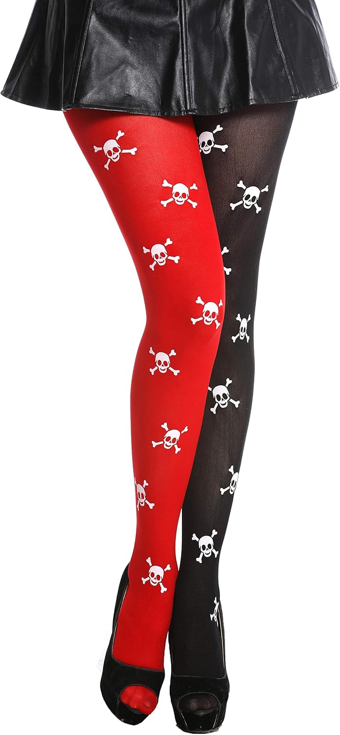 dressmeup - K0820-red&black tights women's tights carnival Halloween red black skulls pirate punk, **Adult**