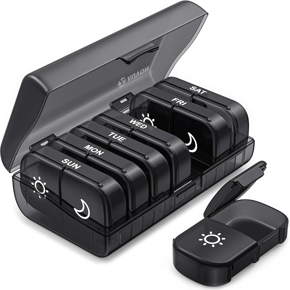 AUVON XL Weekly Pill Box Organiser 7 Day 2 Times a Day Black Privacy Case
