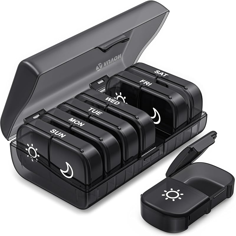 AUVON XL Weekly Pill Box Organiser 7 Day 2 Times a Day Black Privacy Case