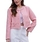 M.Infisavo Tweed Blazer Jackets for Womens with Pockets, Cropped Long Sleeve Open Front Collarless Elegant Casual Cardigan