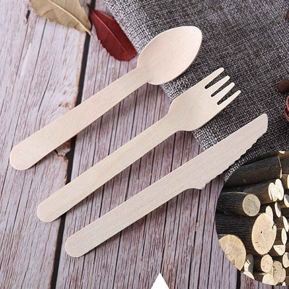 Tukcherry Coutellerie en Bois Jetable, 90 Pcs Ustensiles Biodégradables écologiques pour fête, Anniversaire, Camping, Pique-Nique, Barbecue (30 fourchettes en Bois, 30 Couteaux, 30 Cuillère)