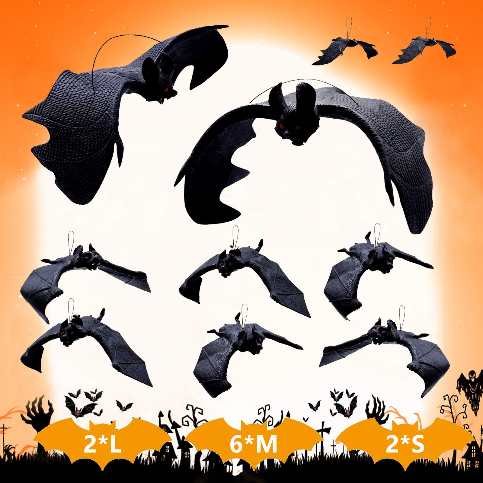 10 Piece Halloween Decorations: Spooky 3D Rubber Bats, Cute Hanging Bats for Party Eve