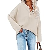 Pink Queen Women's V Neck Button Sweater Oversized Batwing Long Sleeve Henley Pullover Knit Jumper Top