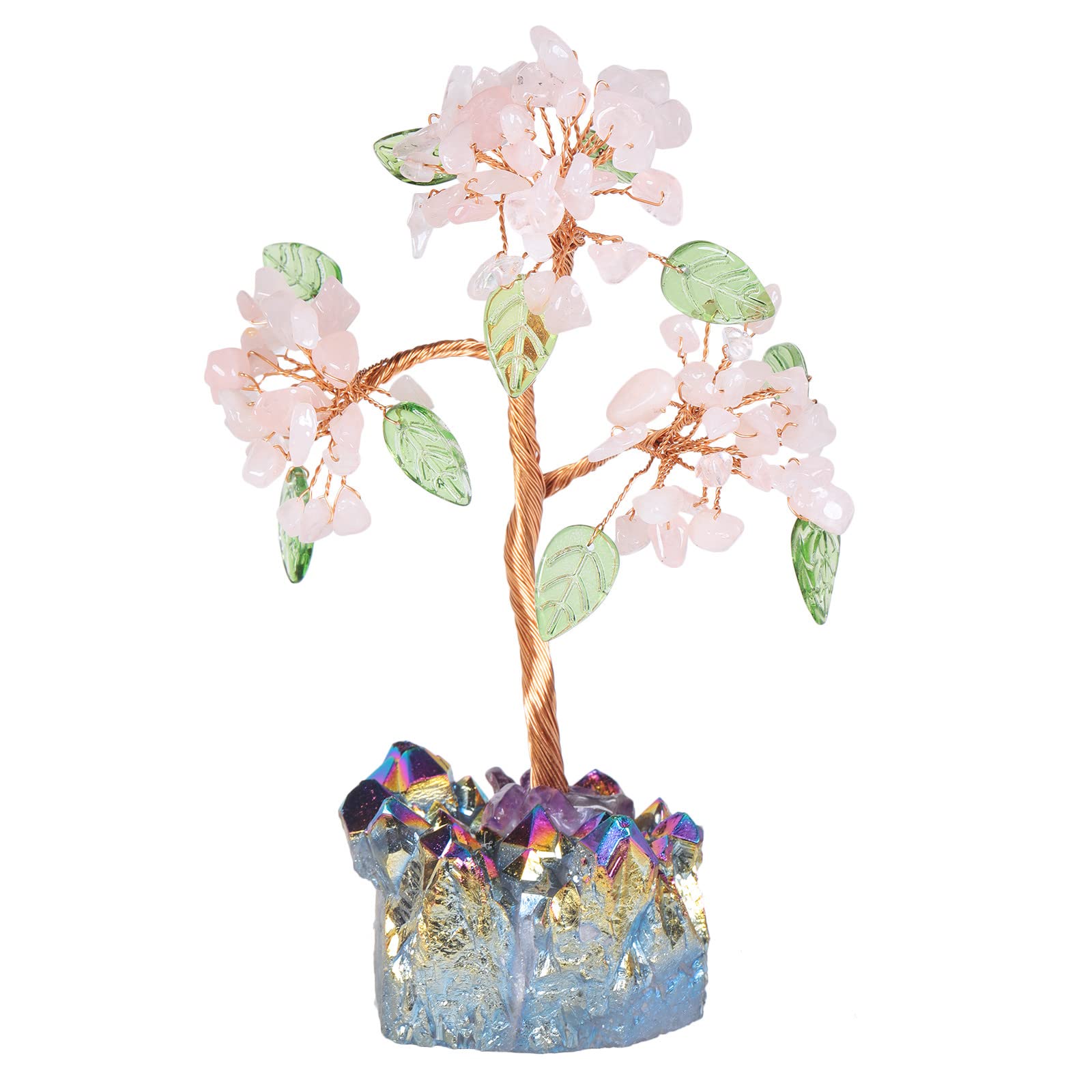 mookaitedecor Rose Quartz Crystal Tree of Life with Rainbow Titanium Quartz Crystal Base Feng Shui Ornament Good Luck Crystal Colourful Room Decor, Gemstone Bonsai Money Tree Rainbow Aura Quartz Gift