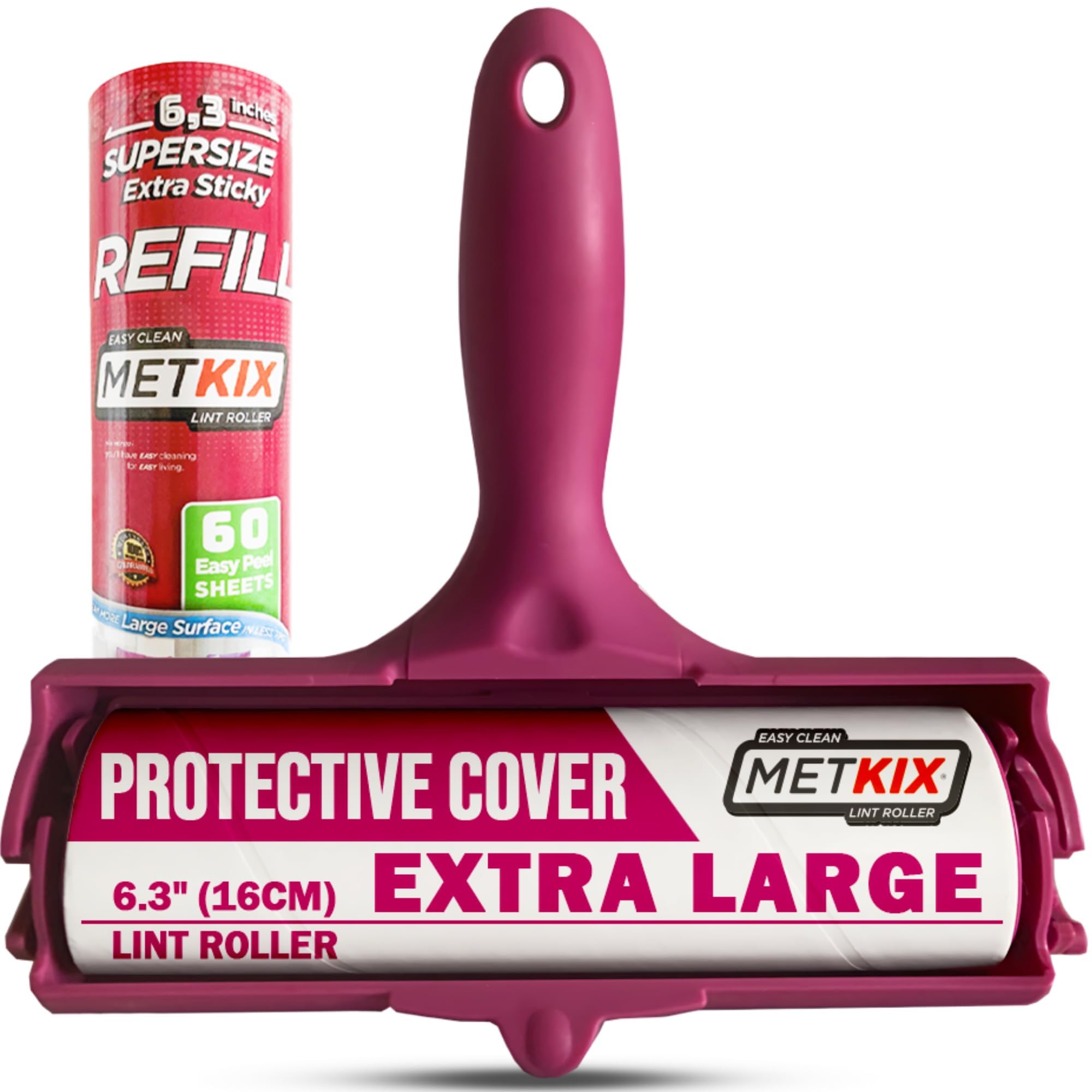 Metkix Extra Large Lint Roller 6.3" (16cm) with Refill | Protective Cover | Giant Lint Roller for Pet Hair Furniture Bed Couch Total 120 Sheets