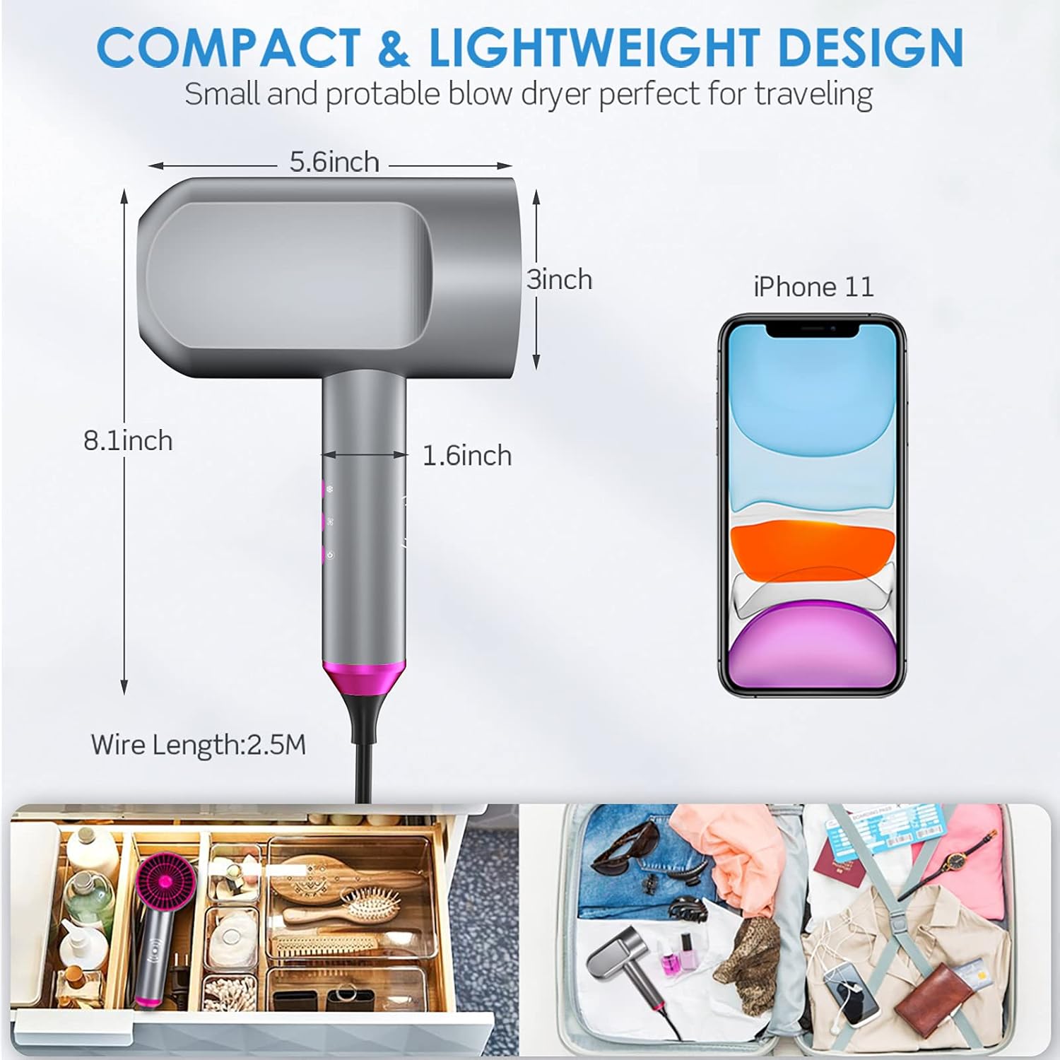 Professional Ionic Travel Hair Dryer, 1600W Smart Induction Blow Dryer, Negative Ion Technolog, 5 Heating/5 Speed/Cold Settings with LED Screen, Contain 2 Nozzles Fast Drying for Woman Men Kids: Health & Personal Care