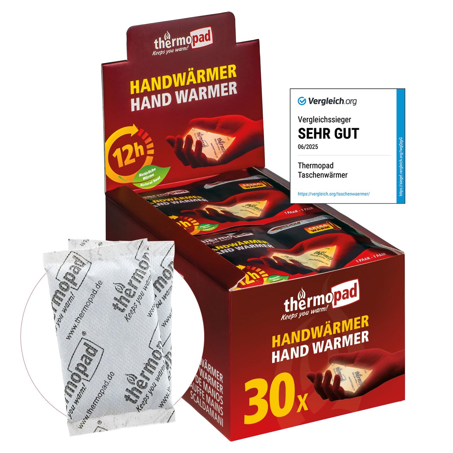 THERMOPAD hand warmers – THE ORIGINAL: 10 or 30 pairs of heat pads for 12 hours of warmth I Ready-to-use pocket warmers I Extra warm heating pads – ideal for outdoor activities & gloves