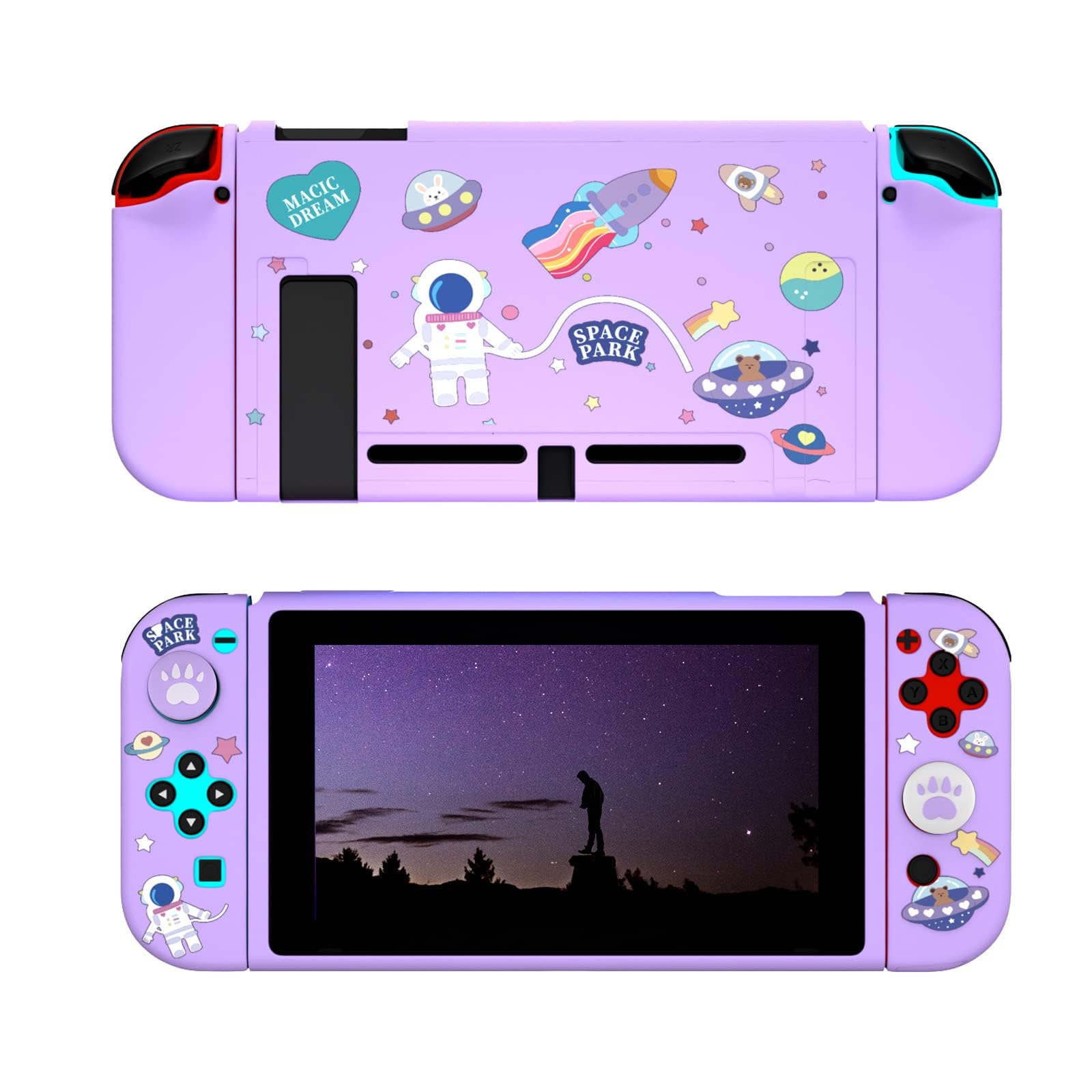 Dockable Switch Purple Case for Girls – Cute Kawaii Soft TPU Protective Cover with Thumb Grips and Screen Protector Compatible with Standard Nintendo Switch Only