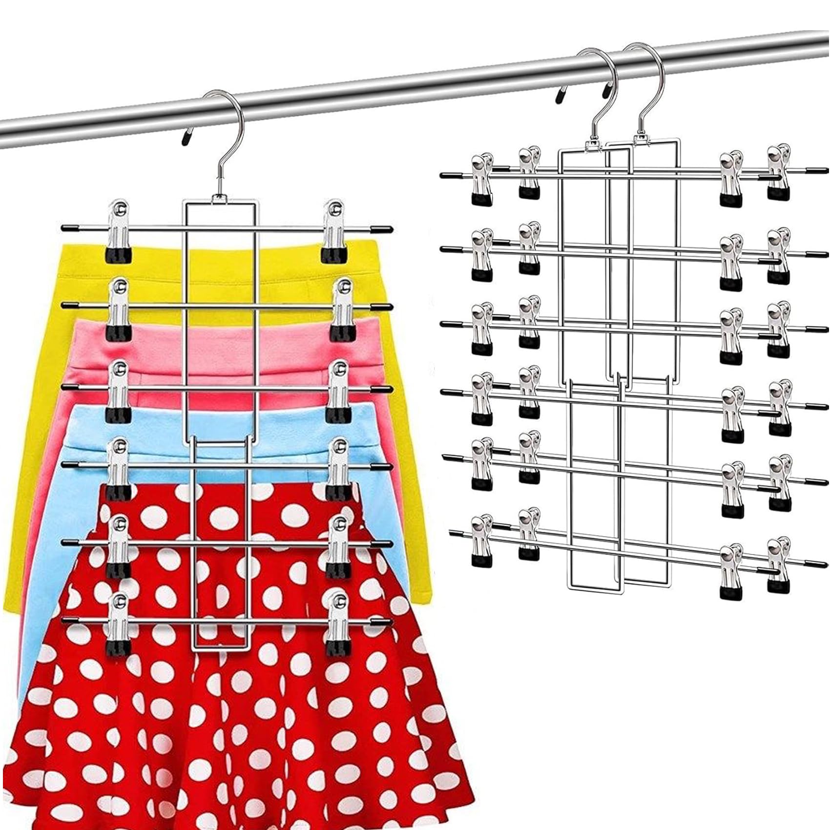 Trouser Hangers Space Saving, 2Pack Heavy Duty Skirt Hangers with Adjustable Clips,Multi Layer Clothing Rack for Closet Storage - Ideal for Jeans, Pants, Scarf,Leggings