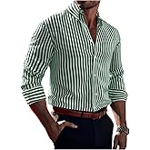 Floerns Men's Striped Print Button Front Collared Long Sleeve Shirt Top