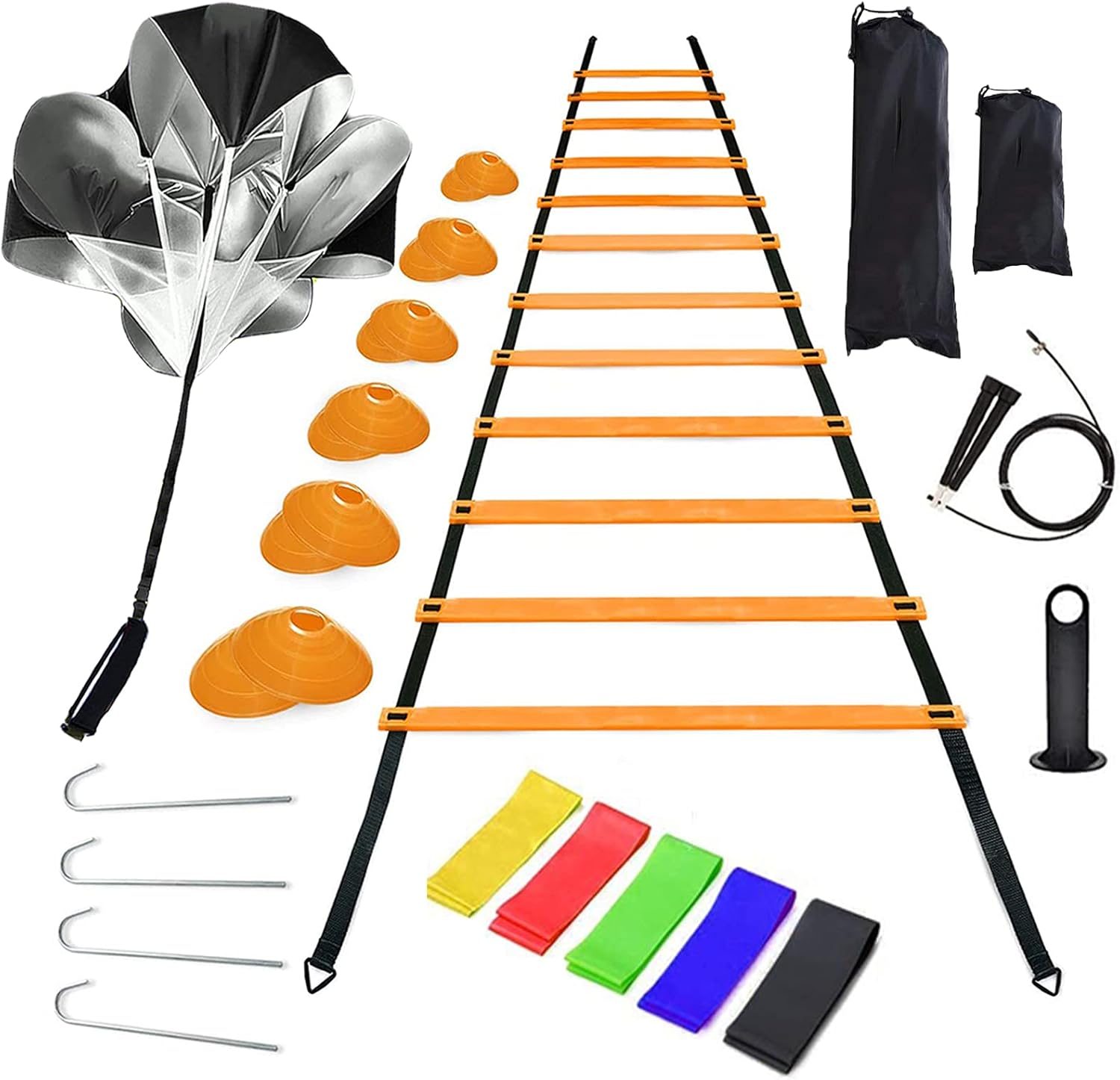 Agility Ladder Speed Training Equipment, Includes 12 Rung Agility Ladder, Jump Rope, Resistance Bands, Running Parachute, 10 Disc Cones with Holder -for Football, Basketball, Hockey Training Athletes : Sports & Outdoors