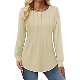 YUCOLEN Long Puff Sleeve Shirts for Women Pleated Crew Neck Tunic Tops Blouses Dressy Casual Fall Tops