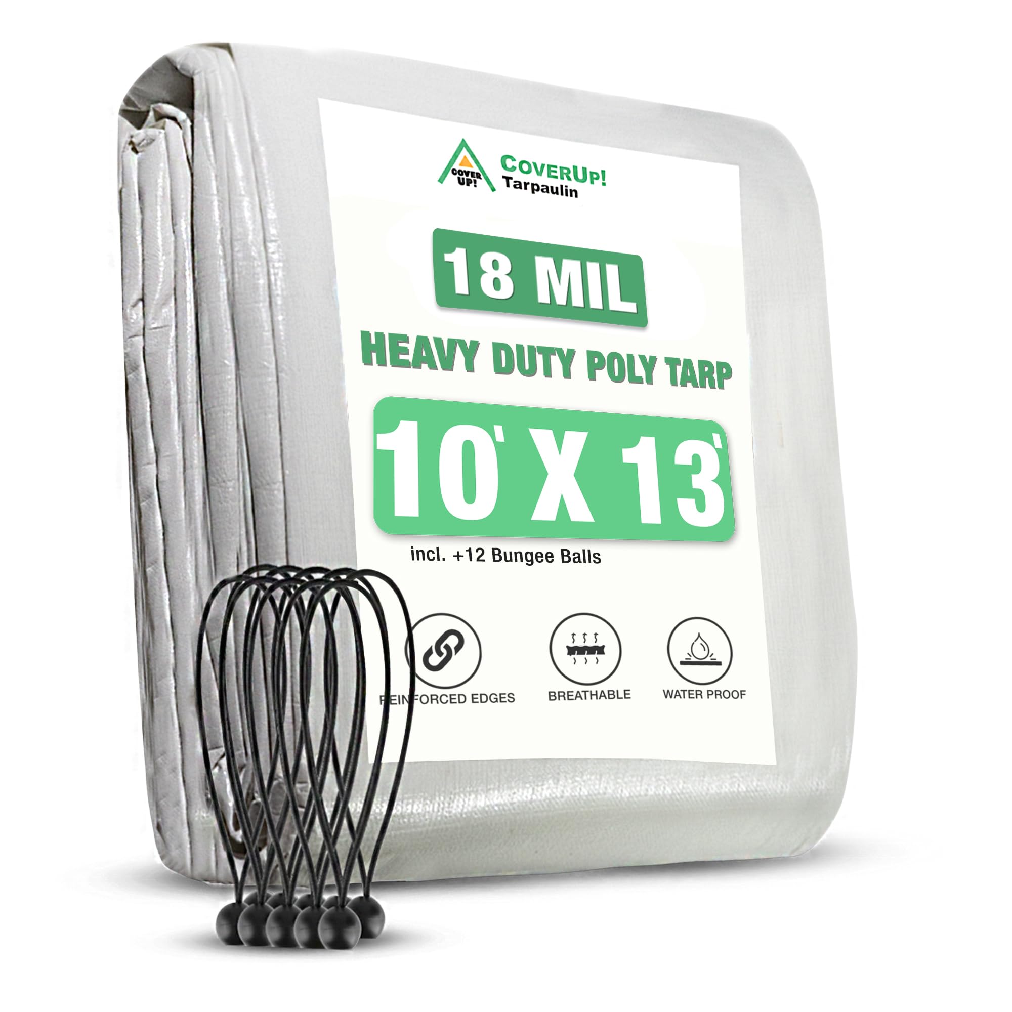 CoverUp! Tarpaulin 3 x 4 m - White, 200g/m² - Tarp Waterproof Heavy Duty - Cover for garden, furniture, pool, boat, outdoor, camping or as a ground sheet - Tarpaulin sheet with 12 bungee cords