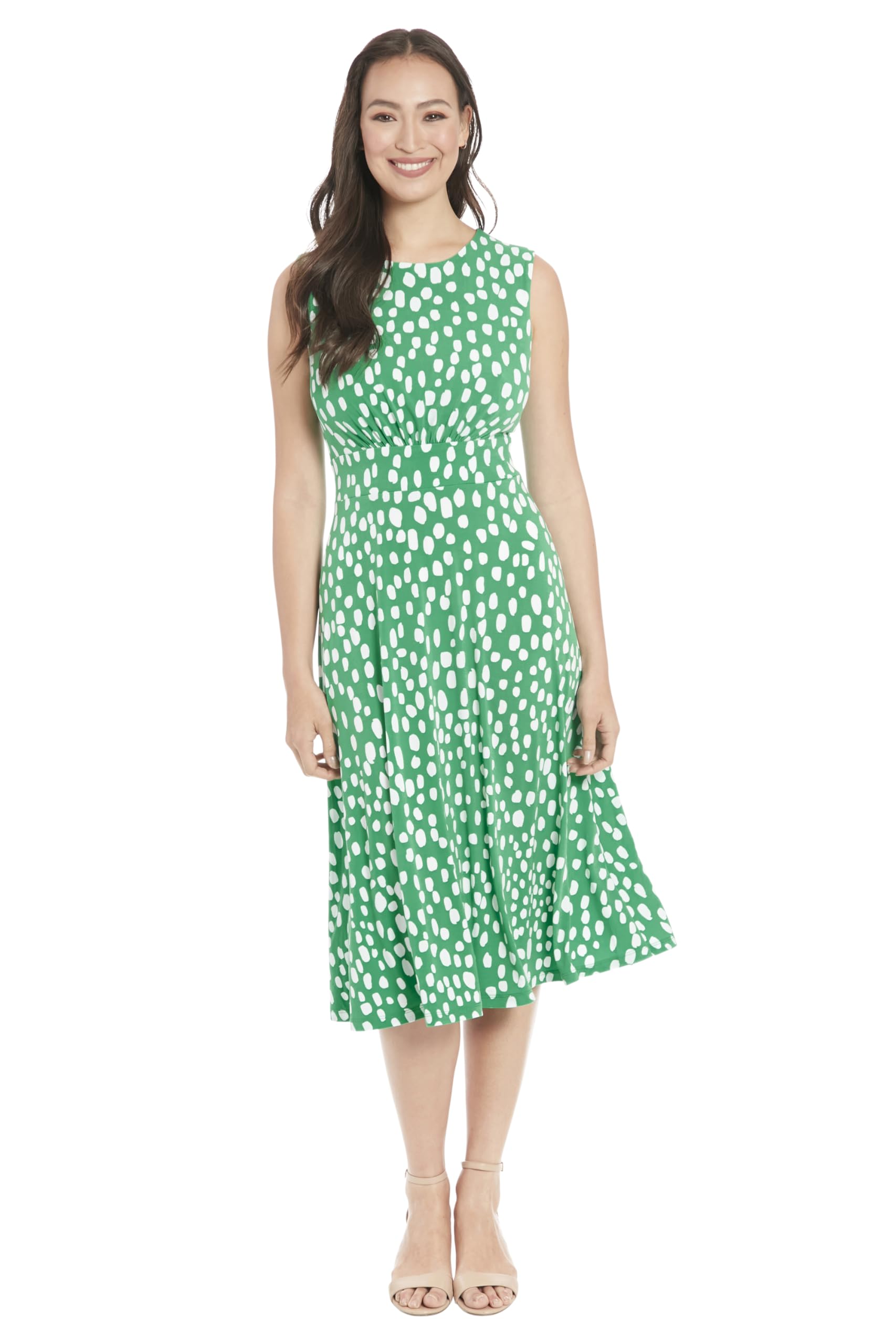 London Times Women’s Sleeveless Inset Waist Midi Fit and Flare Dress, Green/Soft White