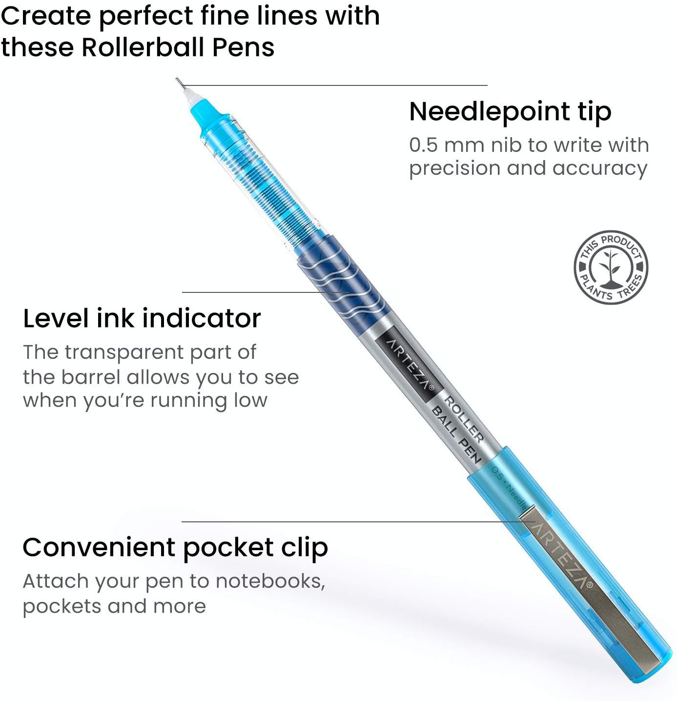 Arteza Rollerball Pens Fine Point, Set of 24 Colored Pens with Liquid Ink, Extra Fine 0.5 mm Needle Tip Pen, Make Precise Lines for Writing, Notetaking, and Drawing: Office Products