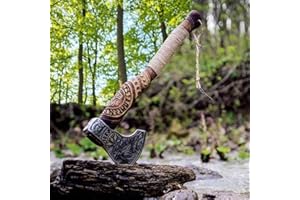 FH TRADERS Hand Forged Viking Axe – Carbon Steel Blade with Ash Wood Handle and Leather Sheath, Camping, Hunting, Outdoor Hatchet Valhalla Ax, Medieval Axe, Authentic Norse Axe, Historical Gift for Men
