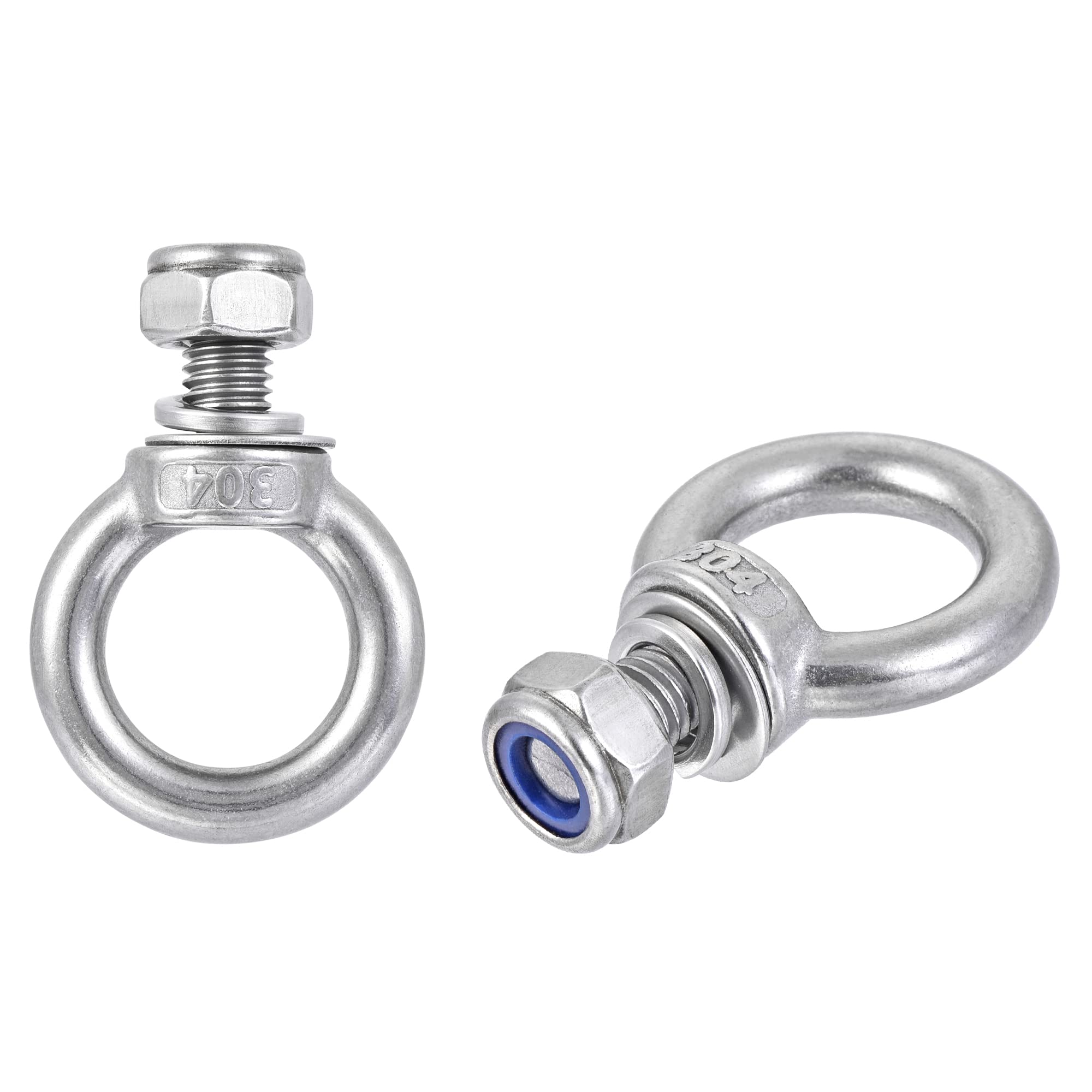 sourcing map Lifting Eye Bolt M10 x 18mm Male Thread with Hex Screw Nut Gasket Flat Washer for Hanging Securing Chain Wire Rope, 304 Stainless Steel, 2 Sets