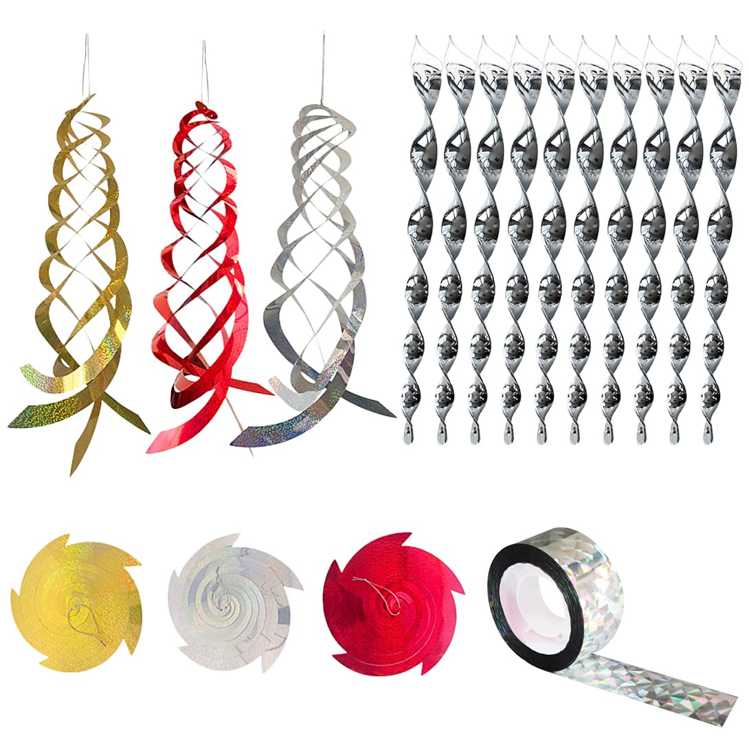 Koonafy 6 Pack Bird Repellent Spiral Reflectors Silver Mylar Spinner, Holographic Bird Scare Tape Ribbon, Hanging Reflective Bird Deterrent - Keep Birds Away from House and Garden