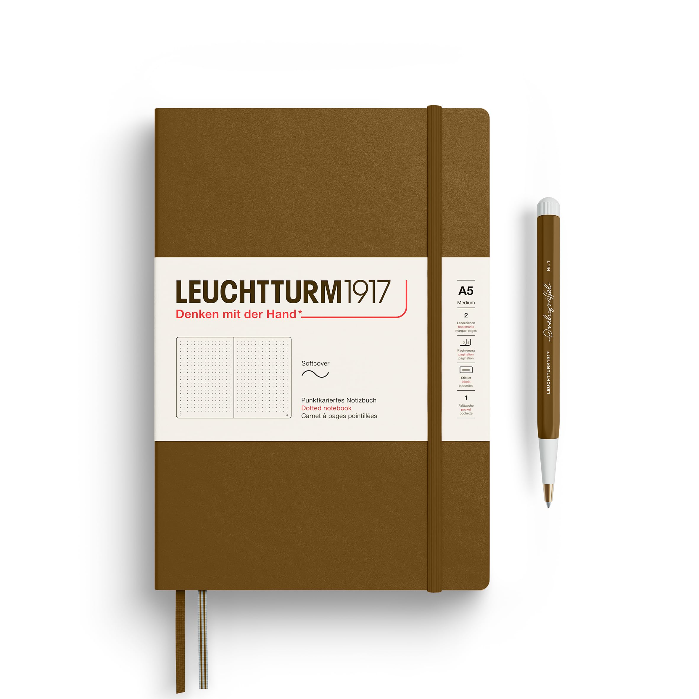 LEUCHTTURM1917 372211 Notebook Medium (A5), Softcover, 123 Numbered Pages, Spice Brown, Dotted