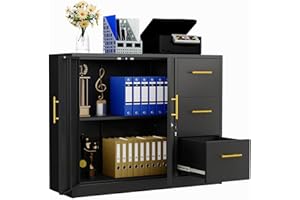pozdeg Lateral File Cabinet with 3 Drawers, Metal Filing Storage Cabinet with Lockable, Multi-Functional Accent Cabinet for Office Home Garage School or Gym (Black)