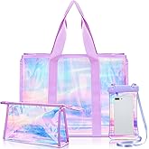 Yoojahow 3 Pcs Waterproof Beach Bags Women Clear Iridescent Tote Bag Cosmetic Pouch for Phone Travel Beach Pool Essentials