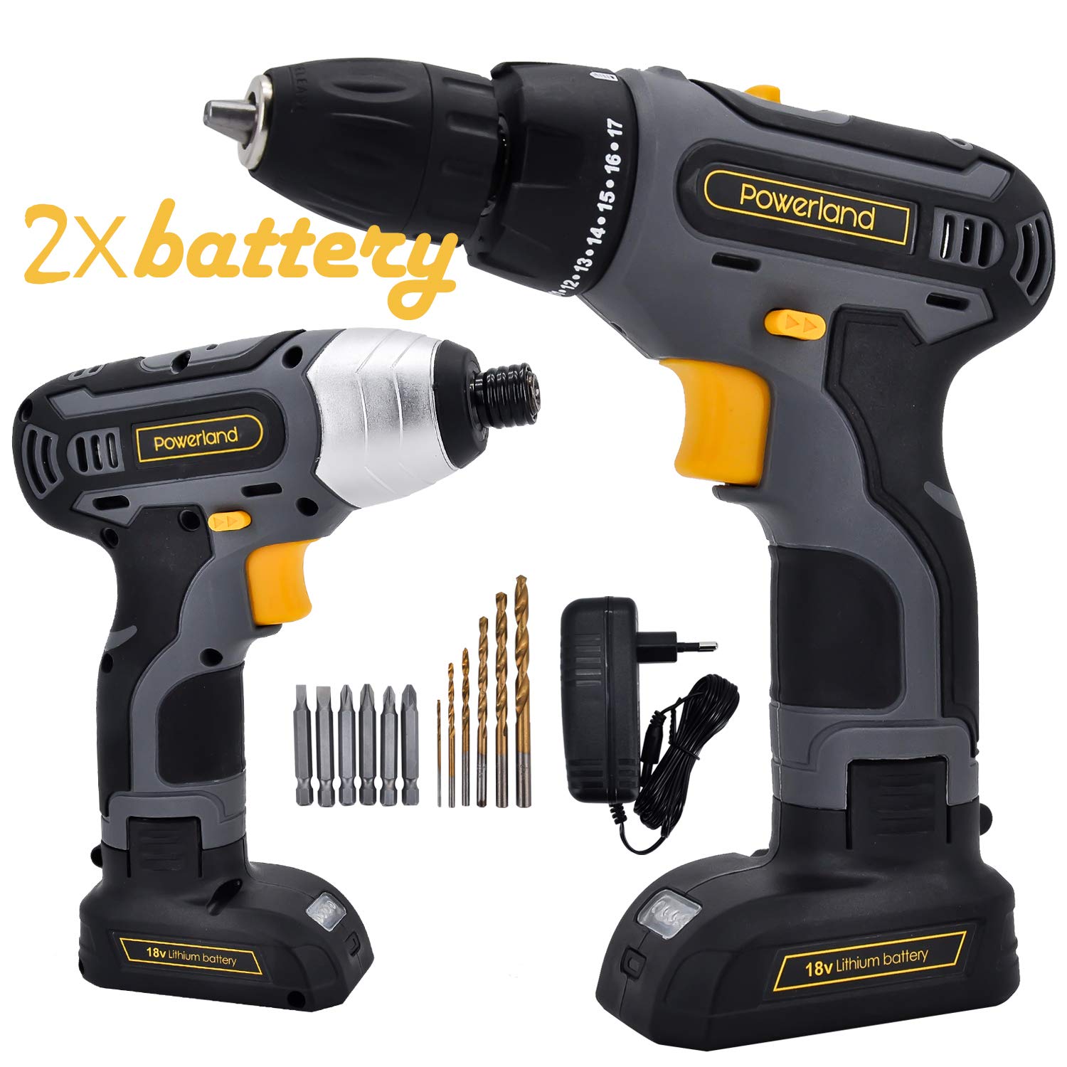 Powerland CC006 Akku-Bohrschrauber-Kit Leistungsstarker Schraubendreher Li-Ionen-Akku mit Ladegerät