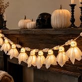 Halloween Decor - Lit Ghost Garland with LED Lights Halloween Party Banner | 6.9 FT Adjustable Ghost Garland with Wooden Beads and Warm LED Glow for Mantel, Wall, Office, Indoor, Outdoor Party Decor