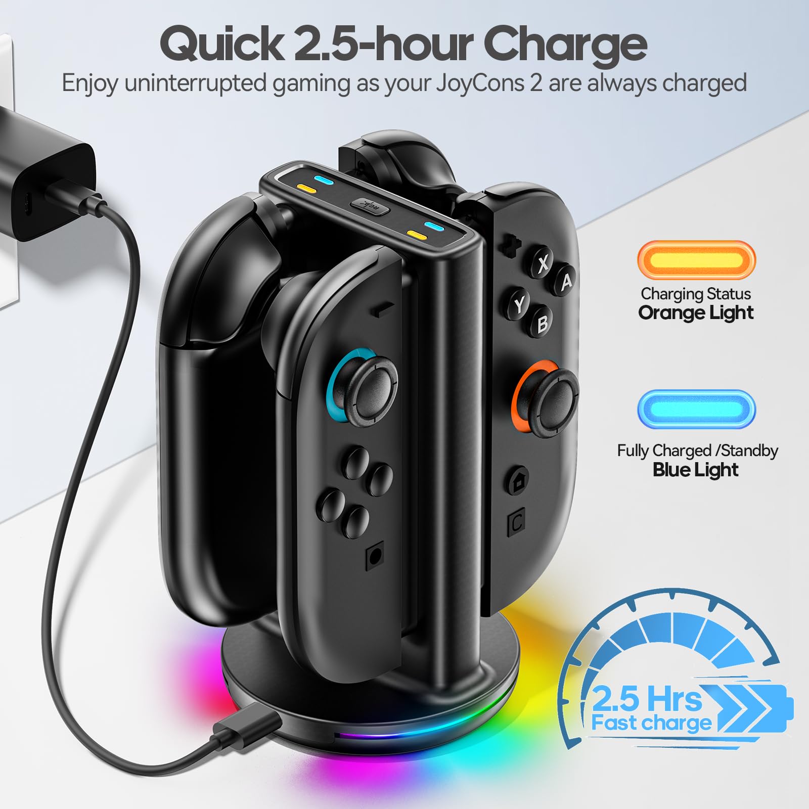 Rysker Switch 2 Controller Ladestation für JoyCon 2, 2.5St Ladegerät für Nintendo Switch 2, Joy Con 2 Ladestation mit 9 Lichtmodi für Nintendo Spiele 4