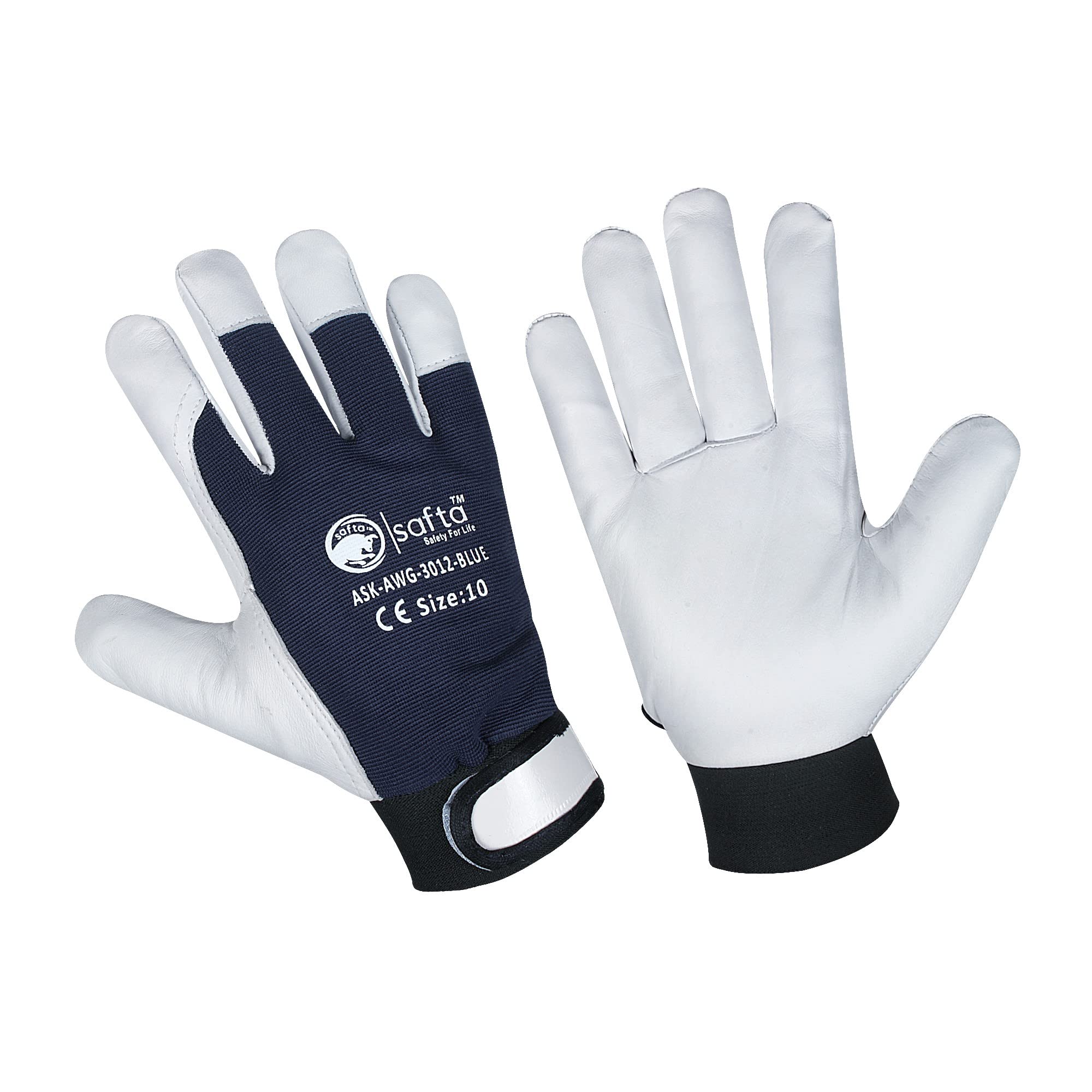 SAFTA Thornproof Gardening Gloves with Thermal Lining, Premium Sheep Leather Work Gloves, Breathable Spandex Back, Secure Velcro Fit for Outdoor, Construction (SIZE:10, Red, Blue) (Blue)