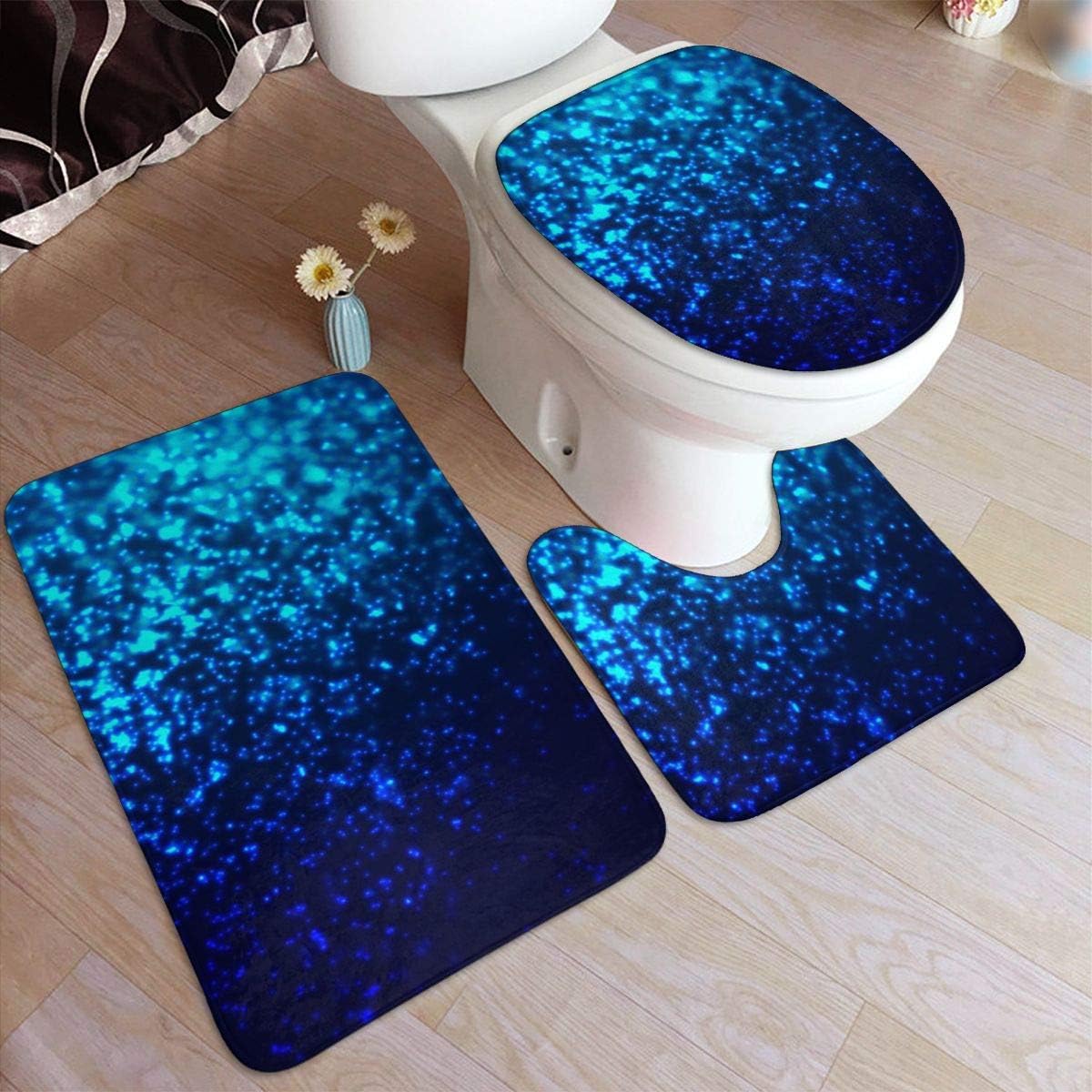 Amazon Com Sxcvd Modern Blue Glitters Fashion Bathroom Rug Mats Set 3 Piece Anti Skid Pads Bath Mat Contour Toilet Lid Cover Home Kitchen