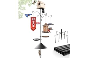eWonLife 92 Inch Squirrel Proof Bird Feeder Pole with 9 Prongs Base, Adjustable Tall Bird House Pole for Outdoors Heavy Duty, Bird Feeder Stand with Squirrel Baffle, 4 Shepherd Hooks, Birdbath, Tray