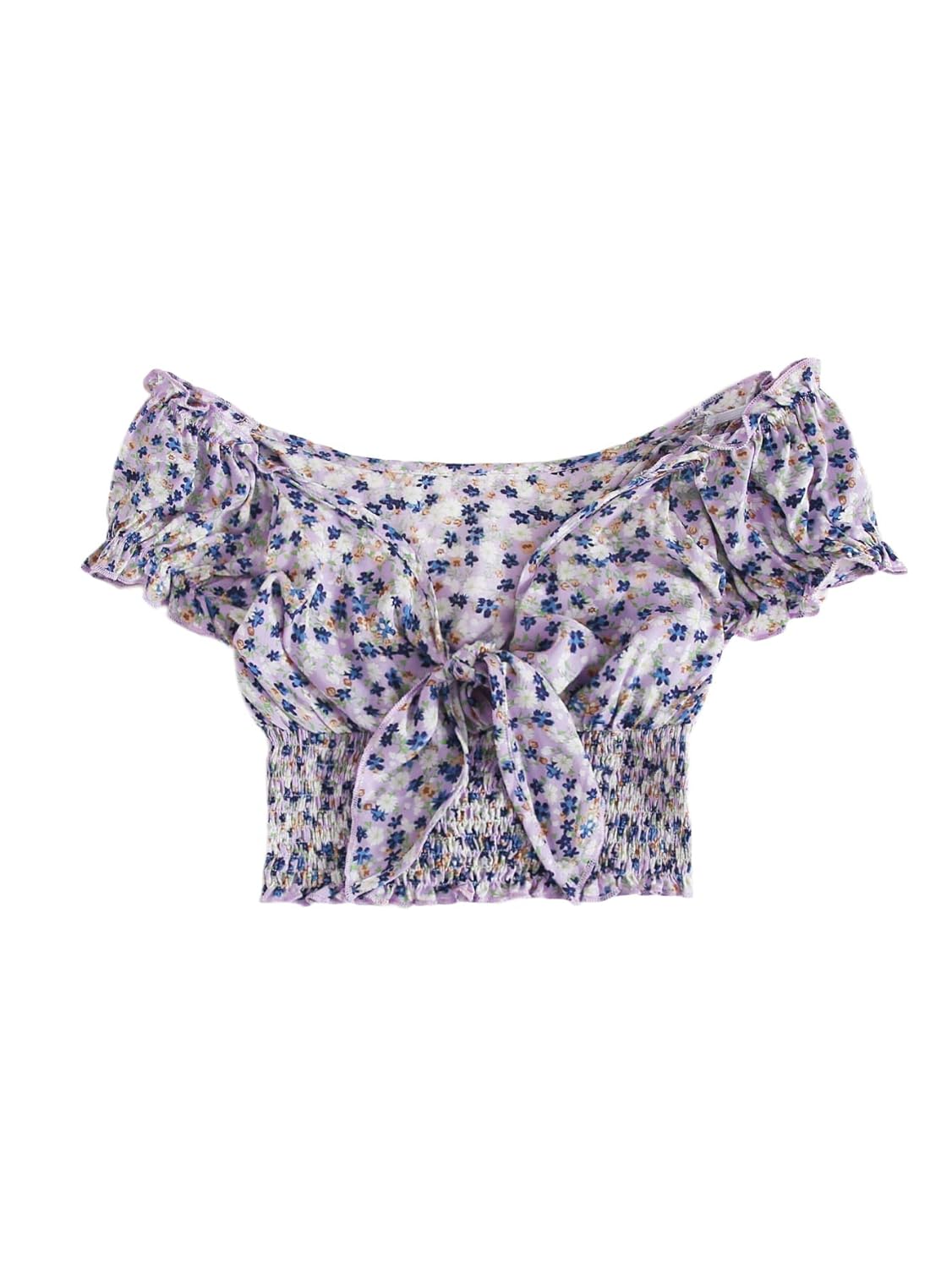 Buy SheIn Women's Floral Frill Sweetheart Neck Blouse Puff Short Sleeve