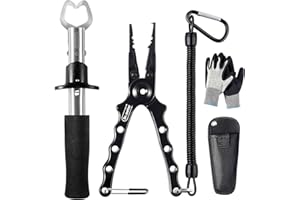 Dr.meter Aluminum Fishing Pliers, Saltwater Resistant Fishing Gear, Tungsten Carbide Cutters Split Ring Pliers Hook Remover Fish Holder with Fishing Gripper and Fishing Gloves, Fishing Gifts for Men