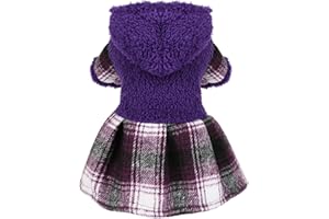 SEBAOYU Winter Dog Dress, Cute Warm Fleece Hooded Sweater for Small Dogs Girl, Plaid Puppy Dresses Clothes Chihuahua Yorkie Cat Apparel （Purple,S