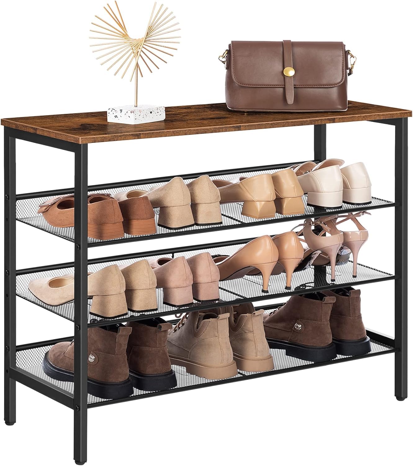 HOOBRO 4-Tier Shoe Rack, Shoe Storage Organizer with 3 Adjustable Mesh Shelves, Metal Frame, Industrial Shoe Rack for Entryway, Bedroom, Hallway, Rustic Brown and Black EUBF14XJ01