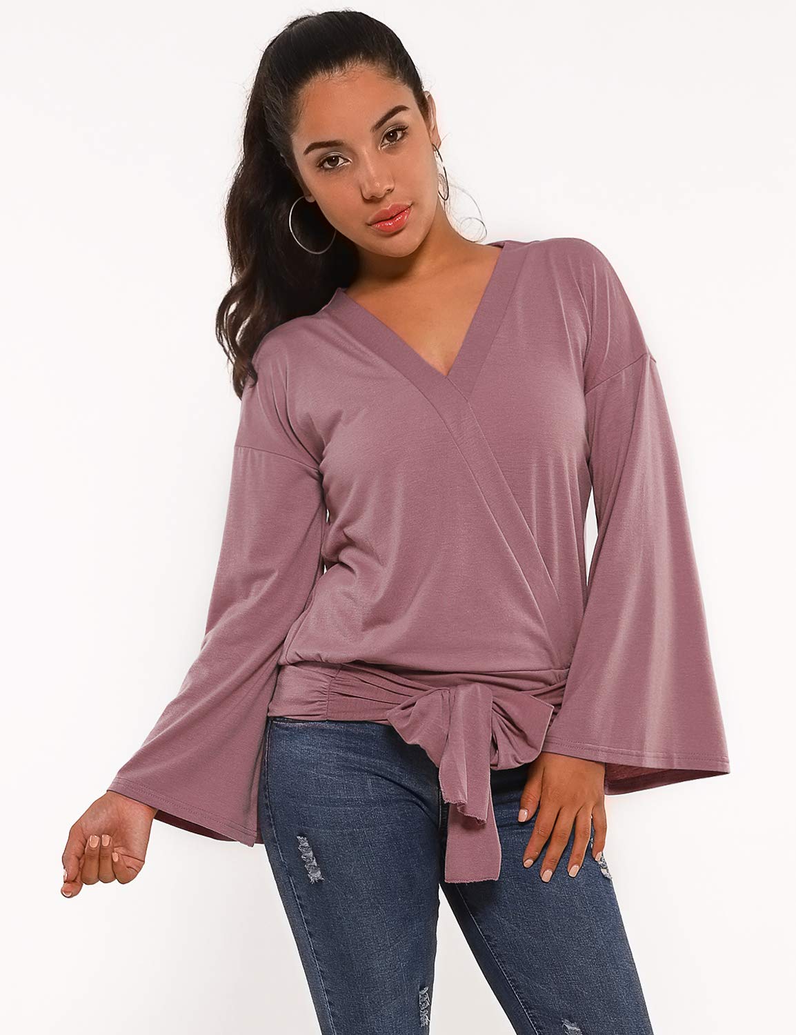 Blooming Jelly Womens Wrap Top V Neck Shirts Long Bell Sleeve Ruched Tie Knot Front Blouse（L,Red