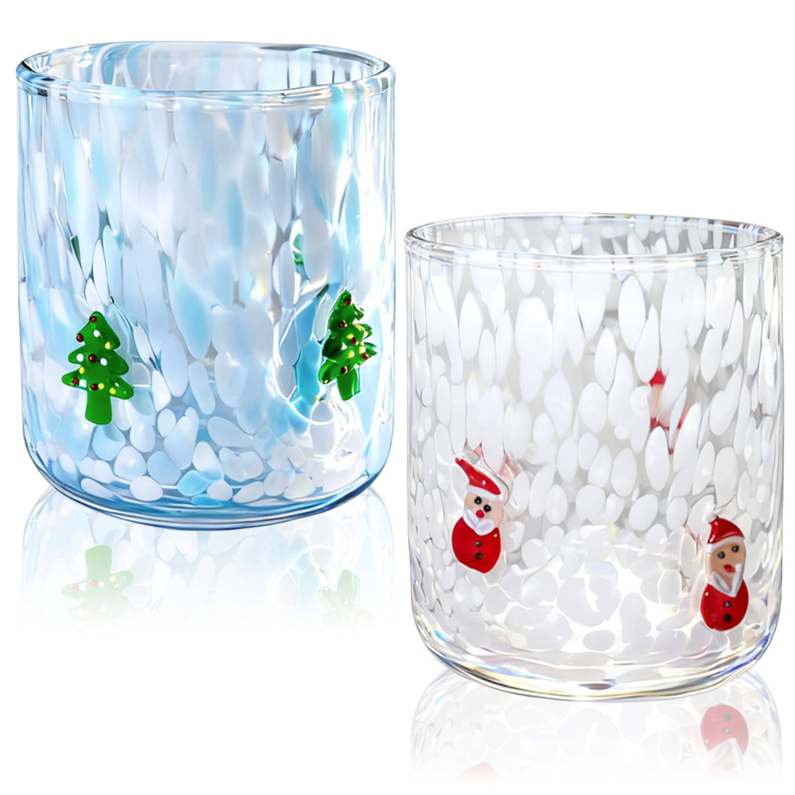 Photo 1 of 2 Pcs Christmas Icon Glass Cups - 14 oz Santa Claus, Christmas Tree, Cane, Cherry Icon Juice Glasses, Hand-blown Glasses for Holiday Gifts Family Parties and Cocktails (Santa claus + Christmas tree)