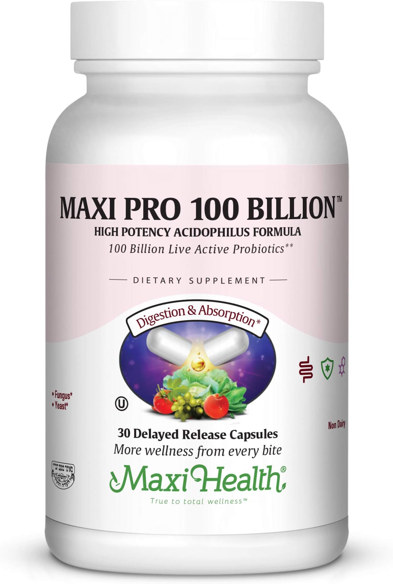 Maxi Health Maxi Pro 100 Billion- 100 Billion Live Active Probiotics-30 Delayed Release Capsules, 30Count