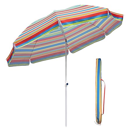 Sekey 7ft Beach Umbrella Blue and Yellow Stripe Outdoor Umbrella Blue and Yellow Stripe Patio Umbrella Blue and Yellow Stripe Market Umbrella with tilt and crank100% Polyster Round Sunscreen UV25+