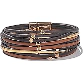 FANCY SHINY Beaded Leather Wrap Bracelets Cute Boho Stackable Bangle Cuff with Magnetic Clasp