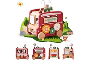ETUCDOSE Wooden Activity Cube 8-in-1 Montessori Toys | Multifunctional Early Educational Learning Toys | Wooden Toy for Baby Shape Sorter Xylophone Animal Travel Bus Boy Girl Birthday Gift（Red Bus）