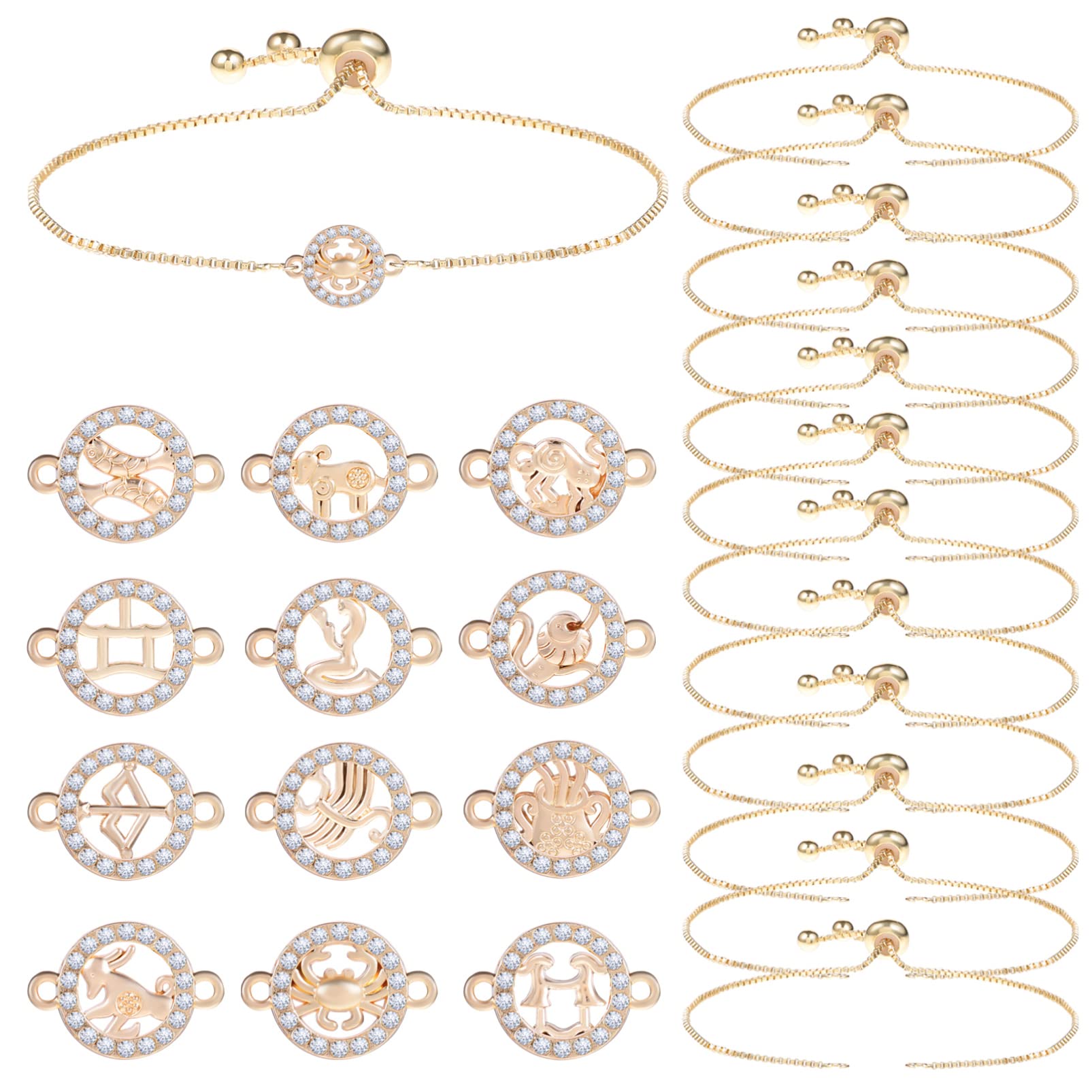 EXCEART 12 Pieces Zodiac Pendant Connector, Double Connectors Charms Pendants with Adjustable Slider Bracelet Slider Extender Chains for Jewellery Making
