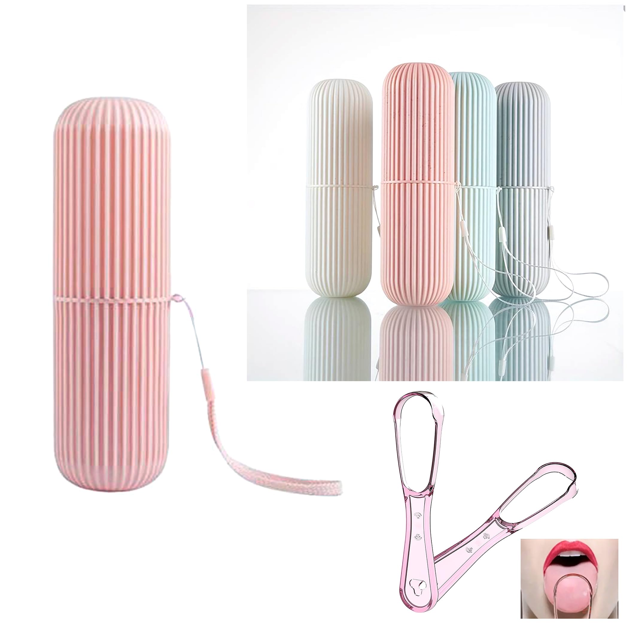 1 PINK Travel TOOTHBRUSH Holder, MOUTHWASH Cup, TOOTHPASTE Holder & TONGUE Scraper -Carry Strap, Anti Slip Groove (Pink & Scraper)