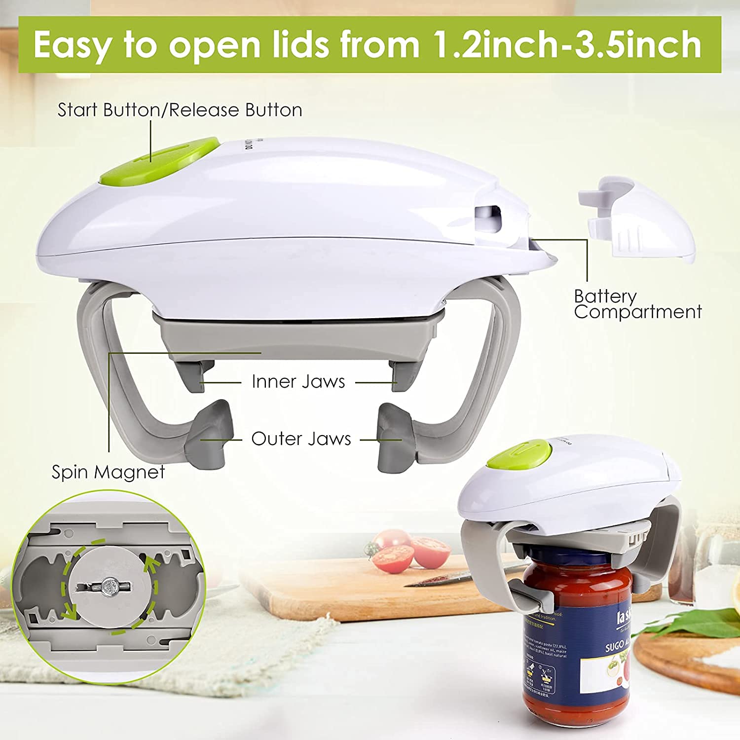 Chulovs Electric Can Opener, Kitchen Helper, Heavy Duty Automatic Can Opener for New Sealed Jars, Hands Free Can Opener with Less Effort to Open (White)